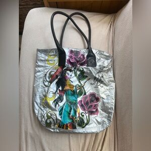 Ed Hardy Christian Audigier Geisha Rose Tote Bag Silver Magnetic Closure